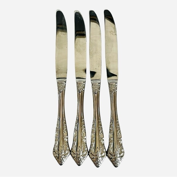4 Wallace ANTIQUE BAROQUE Stainless INDONESIA Glossy Dinner Knives Set Flatware - Picture 2 of 4
